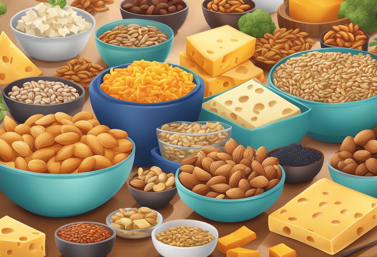 A table covered in vibrant, nutrient-dense snacks like nuts, seeds, and cheese. A bright, energetic atmosphere with colorful packaging and fresh ingredients