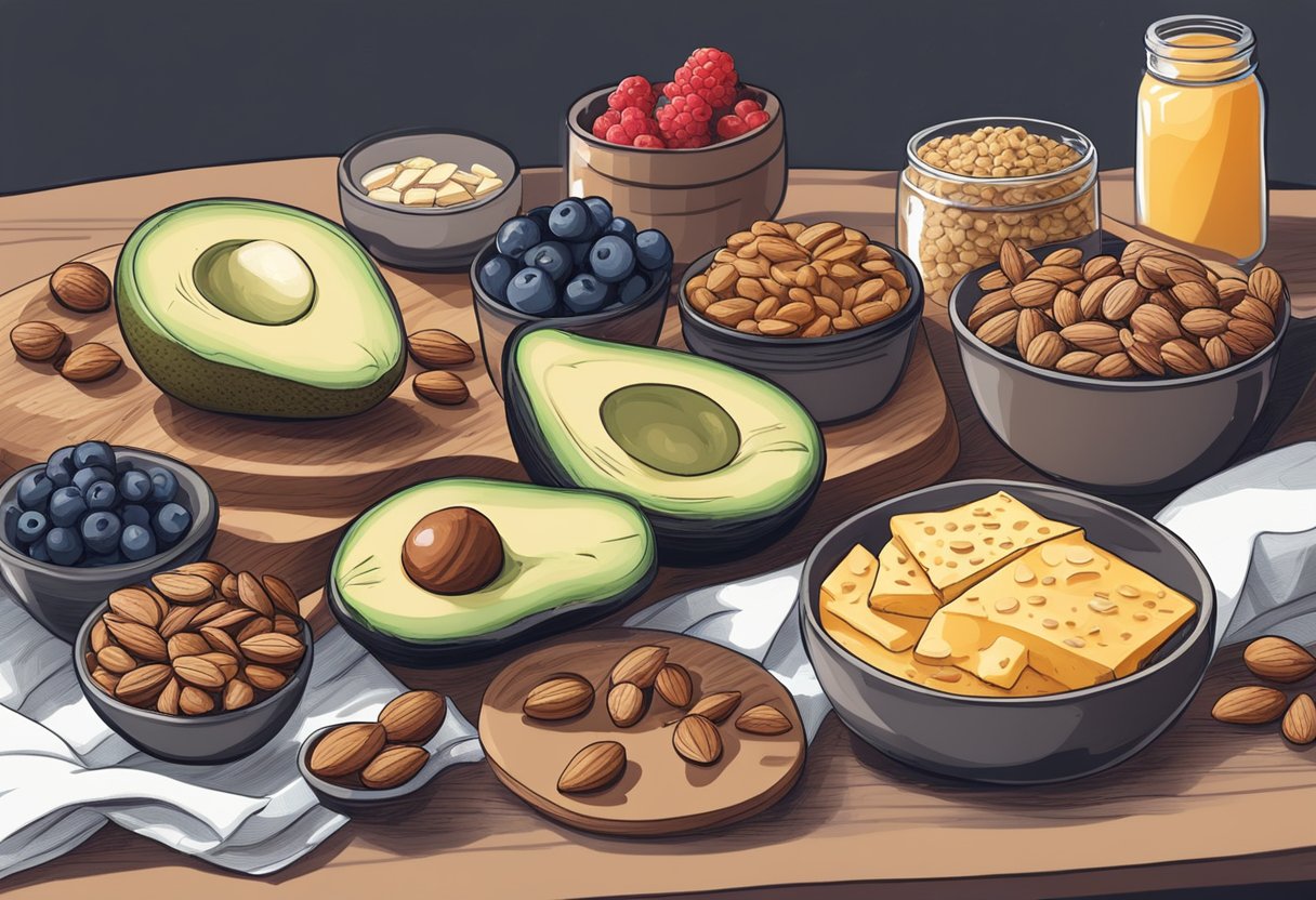 A table with assorted high-energy keto snacks: nuts, seeds, cheese, and avocado. A jar of almond butter and a bowl of berries complete the scene