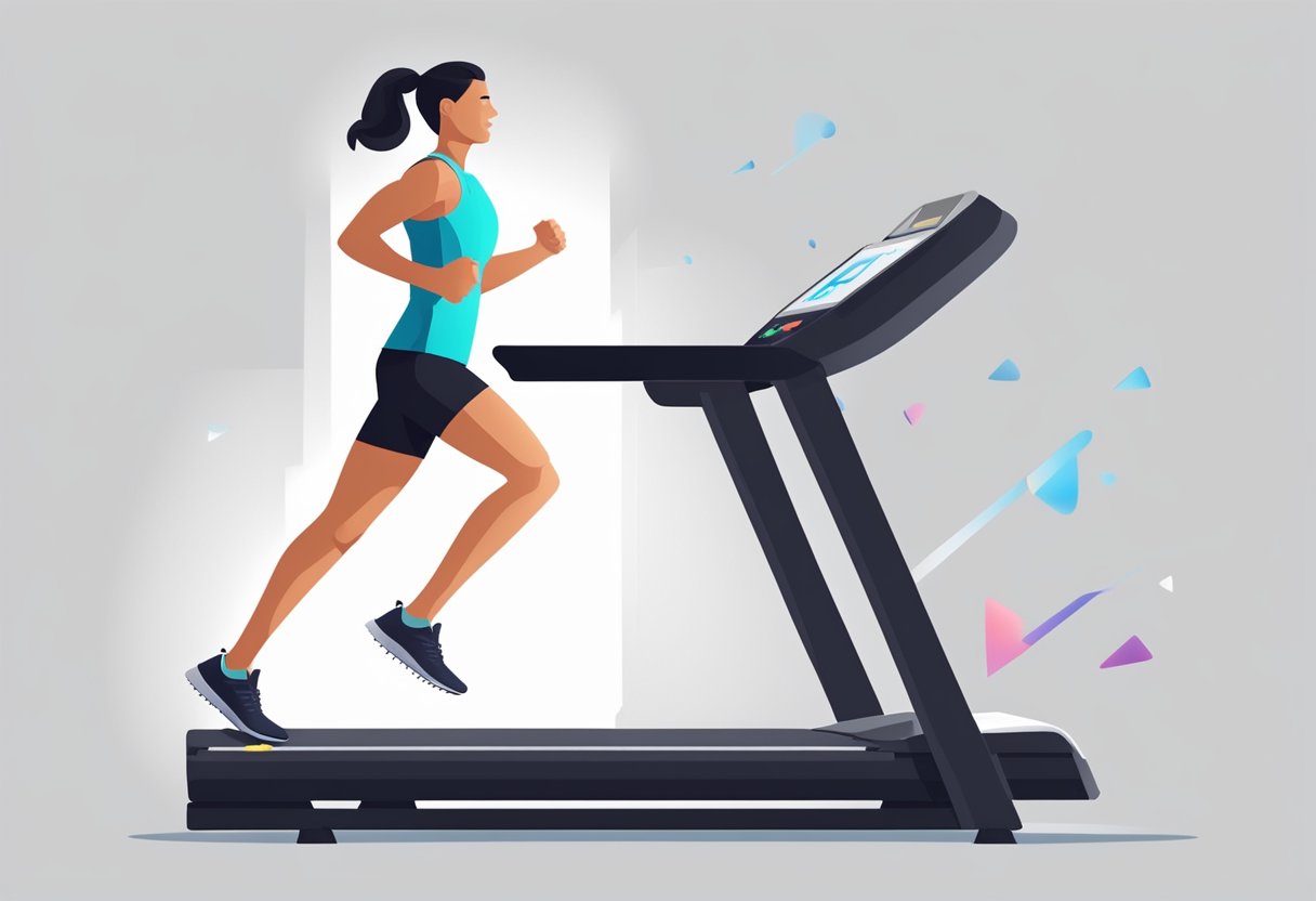 Person walks briskly on treadmill, heart rate elevated. Incline increases periodically. Sweat drips. Timer counts down