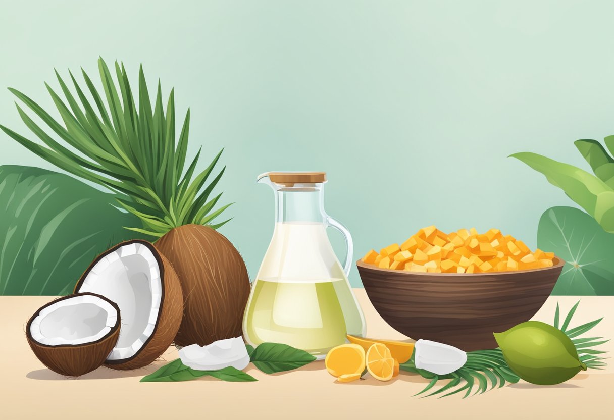A table with keto-friendly foods, a scale showing calorie counts, and a measuring cup of coconut oil