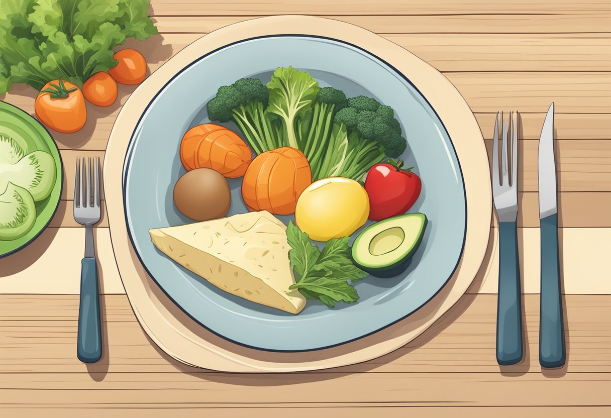 A plate with portions of protein, healthy fats, and low-carb vegetables, with a calorie counter in the background