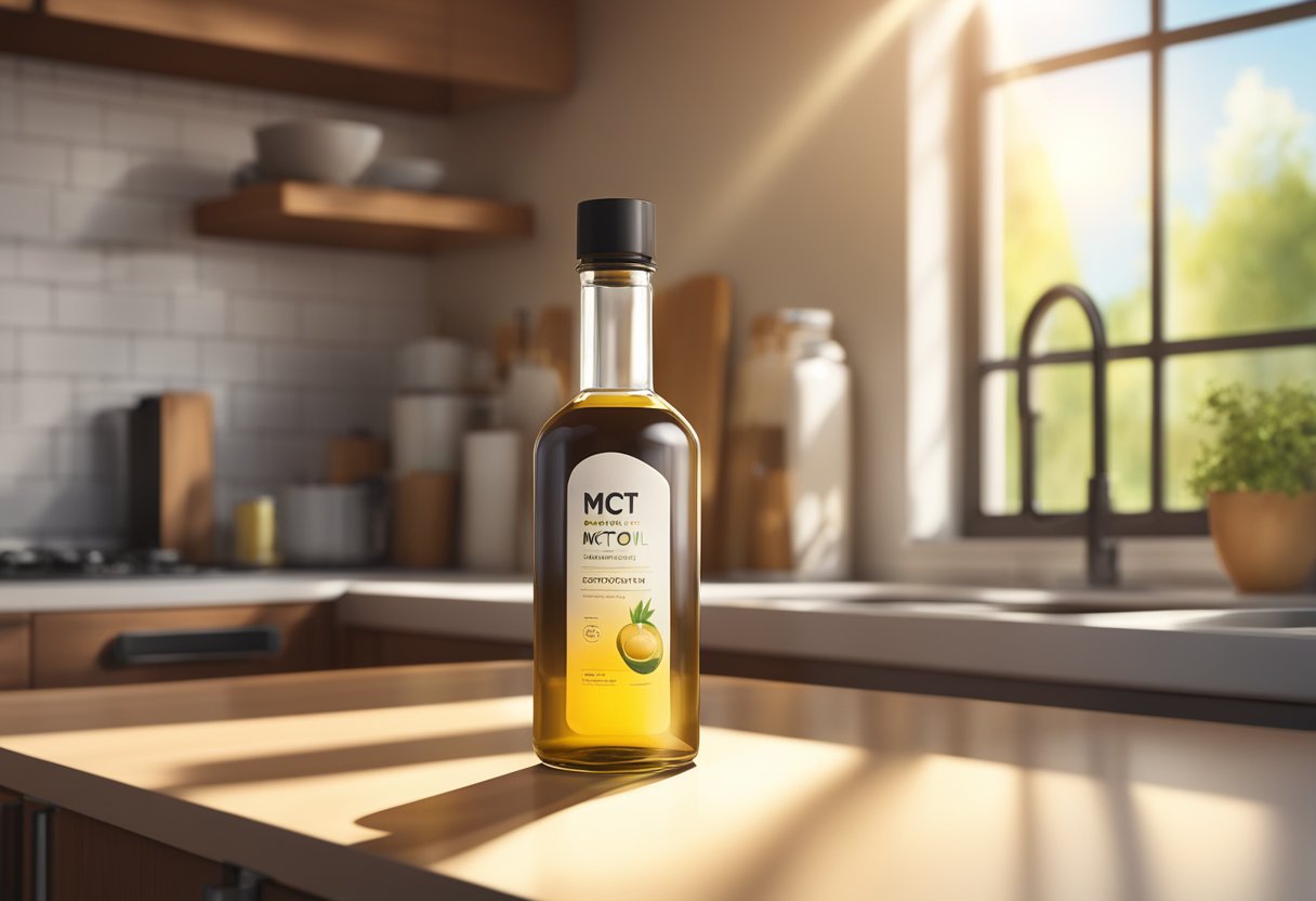 A bottle of MCT oil sits on a kitchen counter. The morning sun streams through the window, casting a warm glow on the bottle