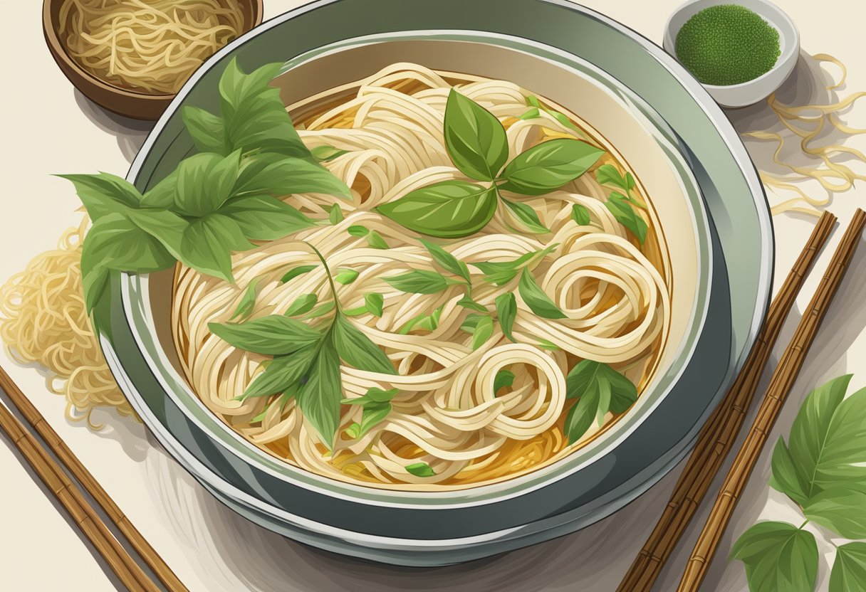 A bowl of noodles made with bamboo fiber, surrounded by bamboo shoots and leaves, with a steaming bowl of broth on the side
