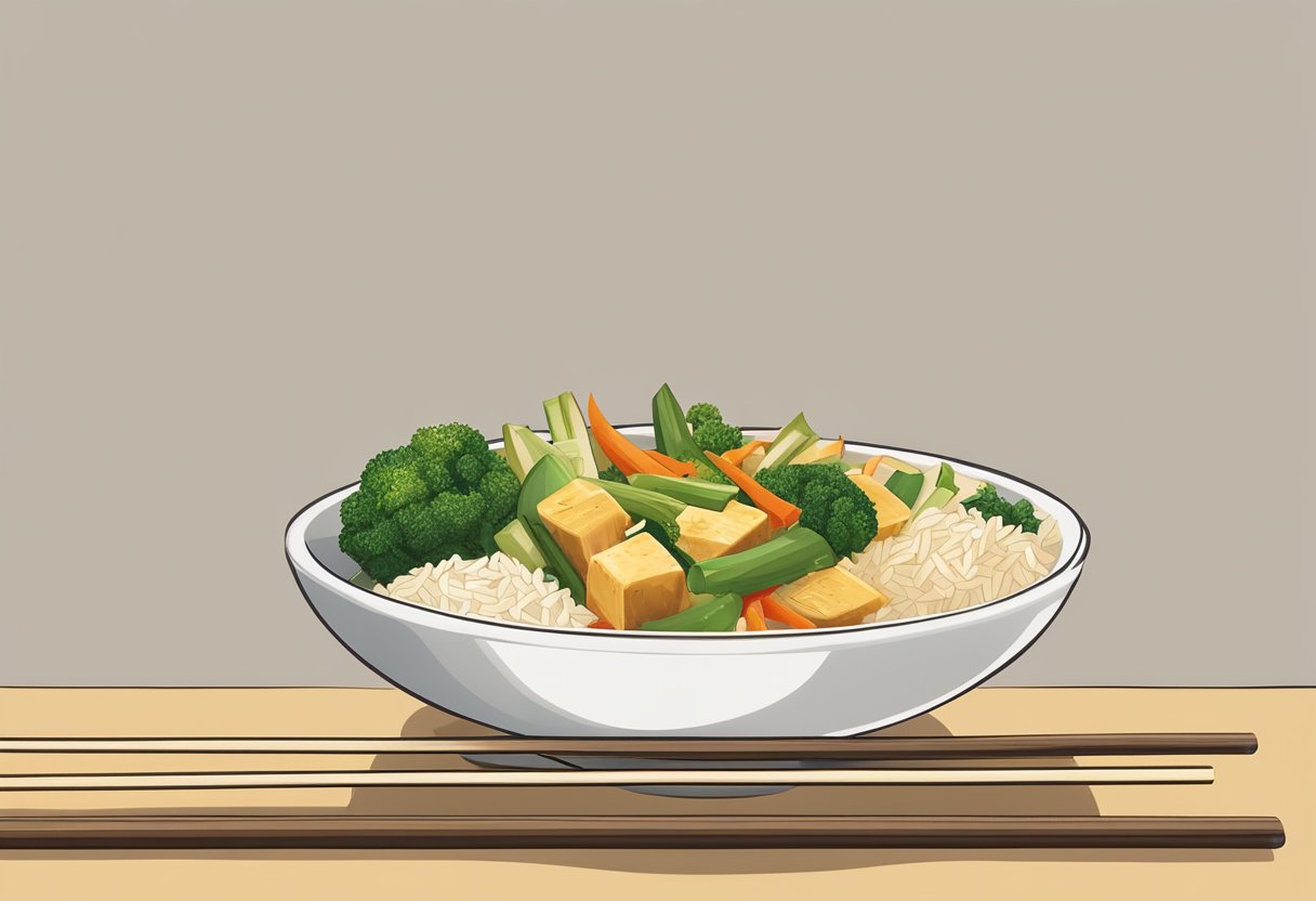 A bowl of stir-fried vegetables with bamboo shoots, tofu, and rice, showcasing Bamboo Basics bamboo fiber in food