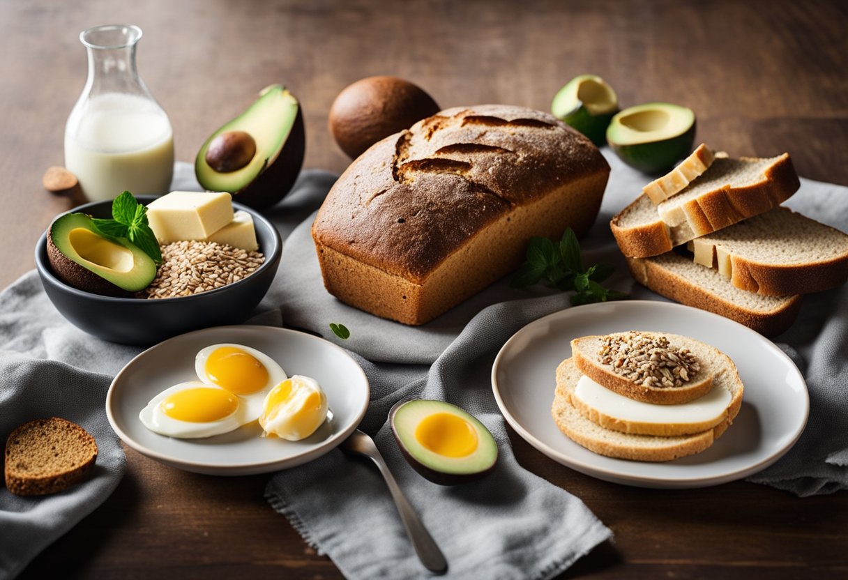 A table set with various  including almond flour bread, coconut flour bread, and flaxseed bread, surrounded by keto-friendly ingredients like avocados, eggs, and cheese