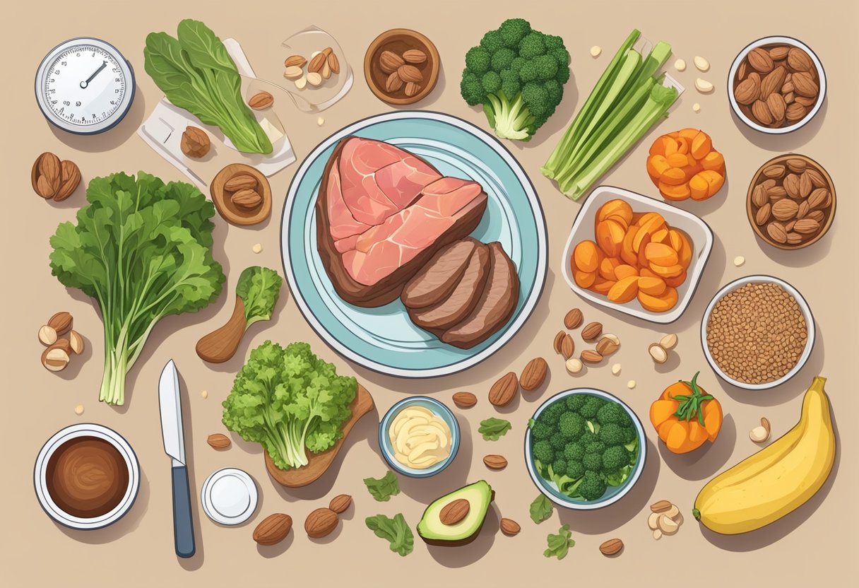A table with a variety of keto-friendly foods, including vegetables, meats, and nuts, surrounded by measuring cups and a food scale Is Counting Carbs Or Calories Better On Keto
