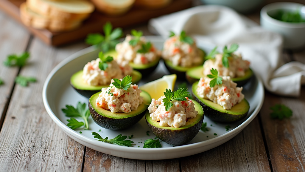 Crab stuffed avocados on a plate, garnished with herbs and lemon wedges