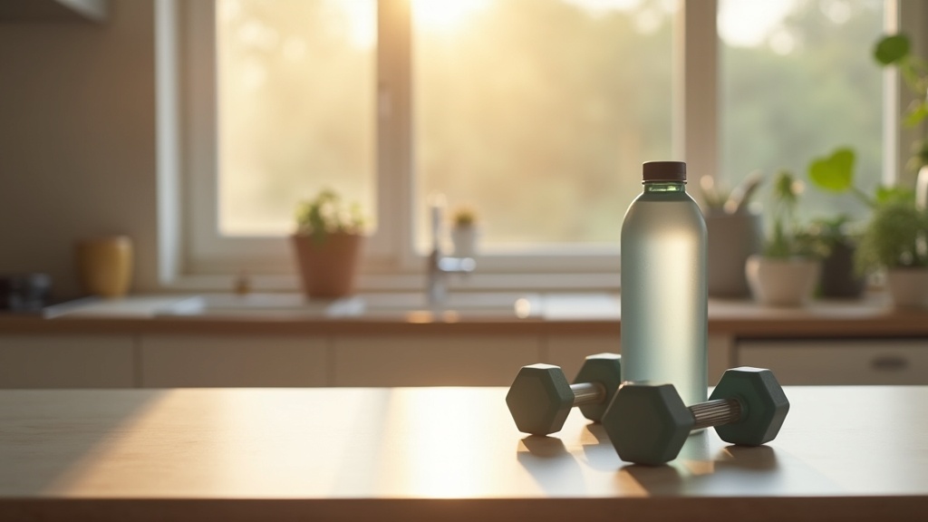 A minimalist kitchen countertop with a water bottle and dumbbells, bathed in early morning light, evoking stillness and a focus on wellness.