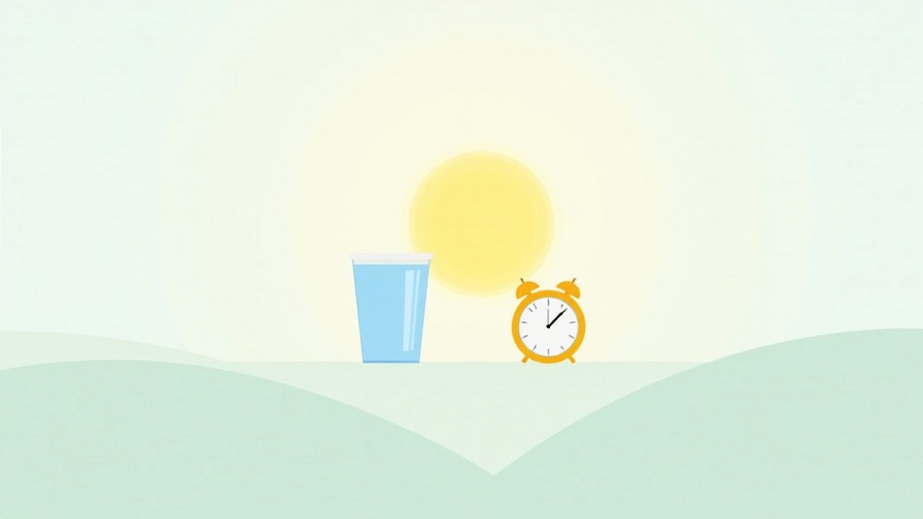 A simple digital illustration showing a clear glass of water, a clock, and a sun rising over a calm landscape, symbolizing time, fasting, and hydration.