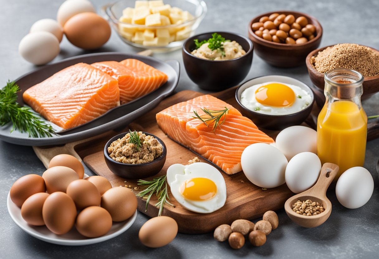 A table spread with various keto-friendly protein sources: salmon, eggs, chicken, beef, and tofu. A measuring tape and dumbbells in the background
