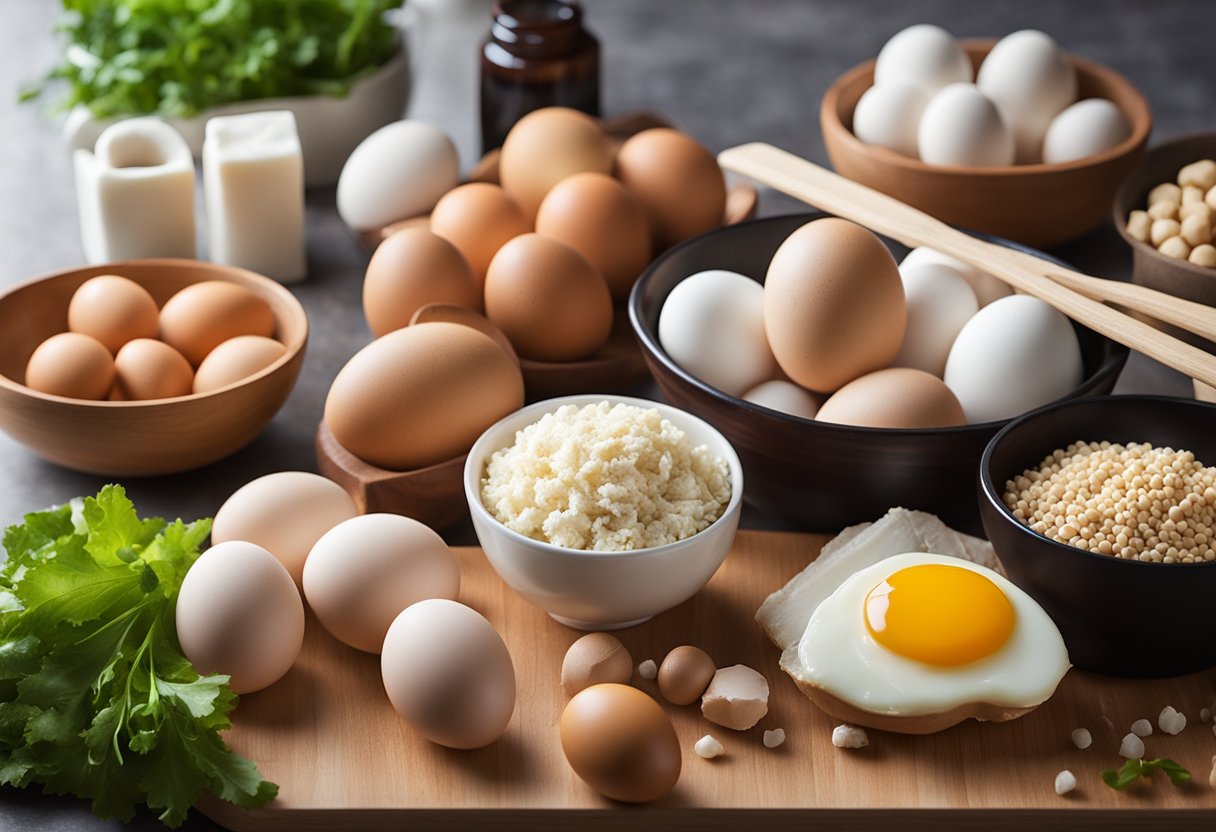 A variety of high-quality protein sources (such as eggs, chicken, fish, and tofu) arranged on a clean, modern kitchen counter