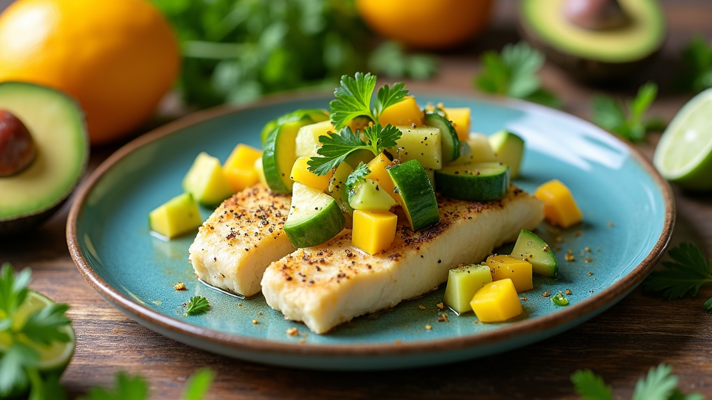 Cod with cucumber, avocado, and mango salsa salad on a plate surrounded by fresh ingredients