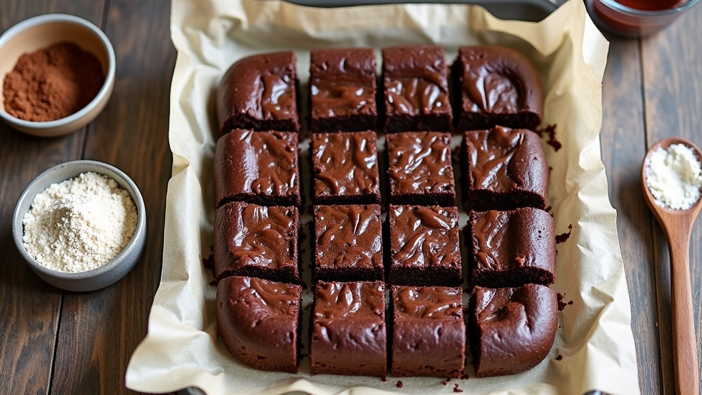 Rich and fudgy keto brownies on a rustic kitchen surface