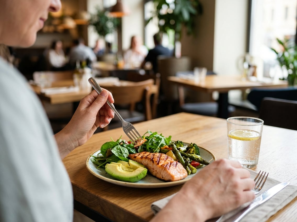 Keto eating out after 40 — ordering a salmon dinner at a restaurant.
