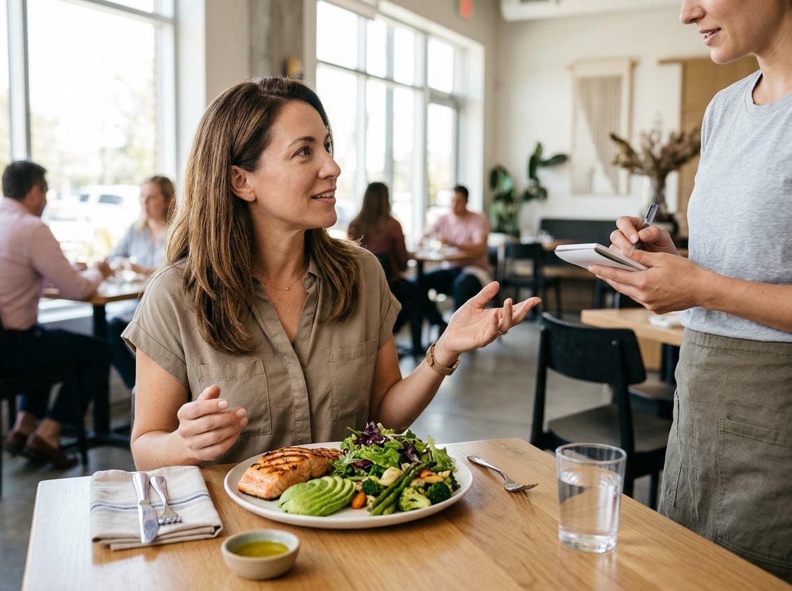 A diner discusses a grilled salmon and avocado meal with a server at a restaurant.