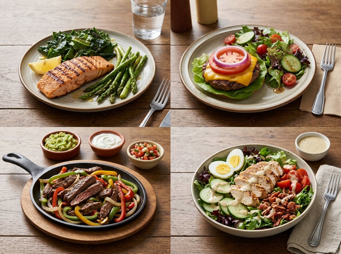 Four restaurant meals featuring grilled salmon, a bunless burger, fajita ingredients, and a chicken salad.
